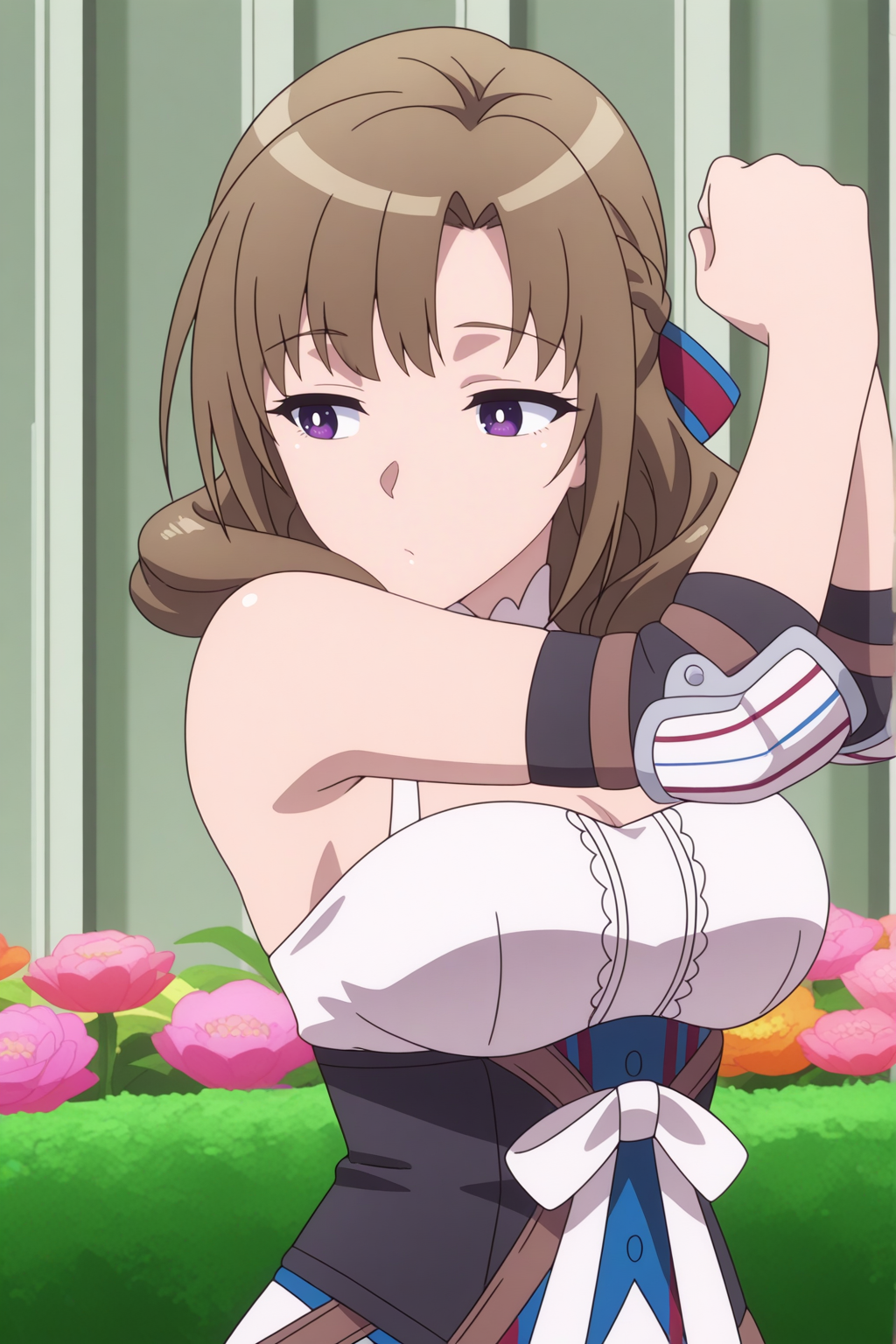 masterpiece, anime coloring, newest,  Mamako, default outfit, detached collar, corset, elbow pads, bare shoulders, Flower Garden, Stretching arms overhead with a seductive stretch,   <lora:Mamako-illust:0.8>