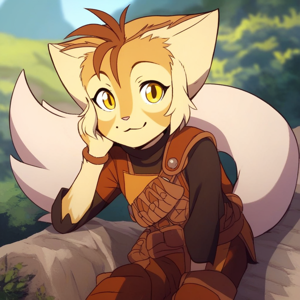 score_9, solo, wilykat, yellow eyes, furry, tail, cute, outdoors, looking at viewer