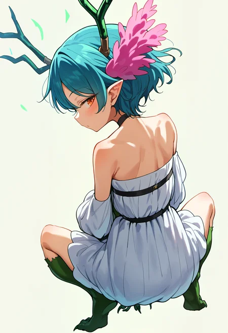 score_9, source_anime, score_8_up, score_7_up,simple background,white background,looking back,squatting,spread legs,from behind,<lora:qcontrol_v2-000070:1>,qcontrol,1girl,solo, white dress,strapless,green claws,