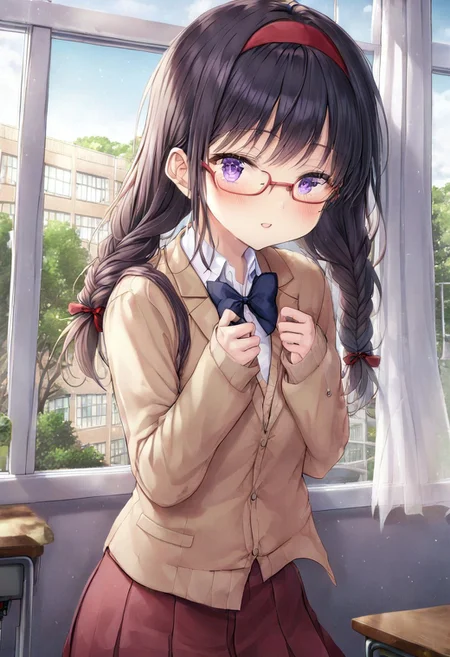 score_9, score_8_up, score_7_up,
masterpiece, best quality, detailed, amazing quality,
detailed face, beautiful color, detailed eyes,
detailed background, classroom,
solo, 1girl, akemi_homura, mitakihara_school_uniform, glasses,red-framed_eyewear, twin_braids, black hair, purple eyes, red hairband,
kyoushitsu, classroom, indoors, school chair, school desk, chalkboard, window, ceiling light, curtains, tree