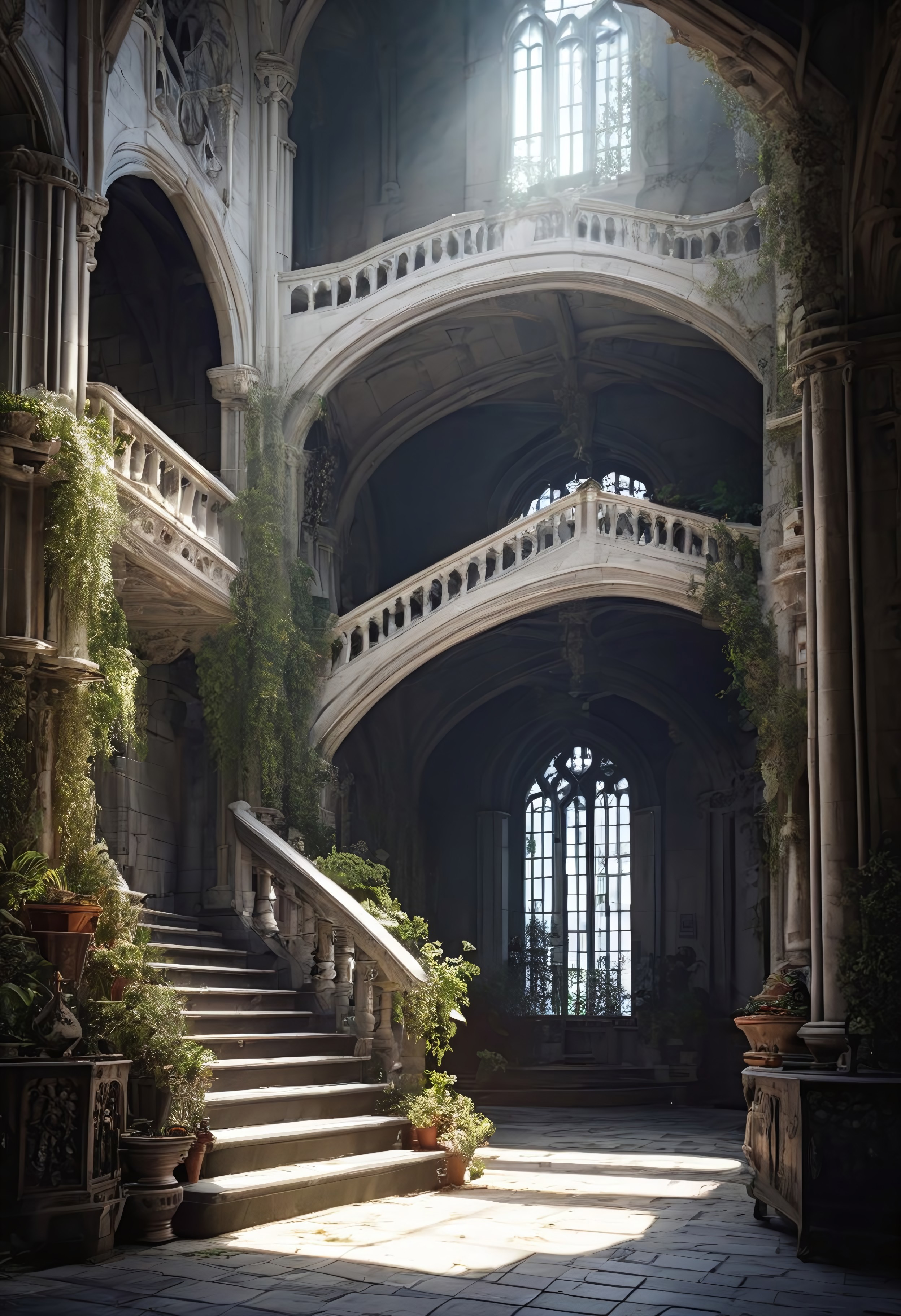 Blame by Tsutomu nihei, scenery, no humans, plant, stairs, sunlight, window, potted plant, indoors, pillar, day easynegative, deepnegative_v1_75t