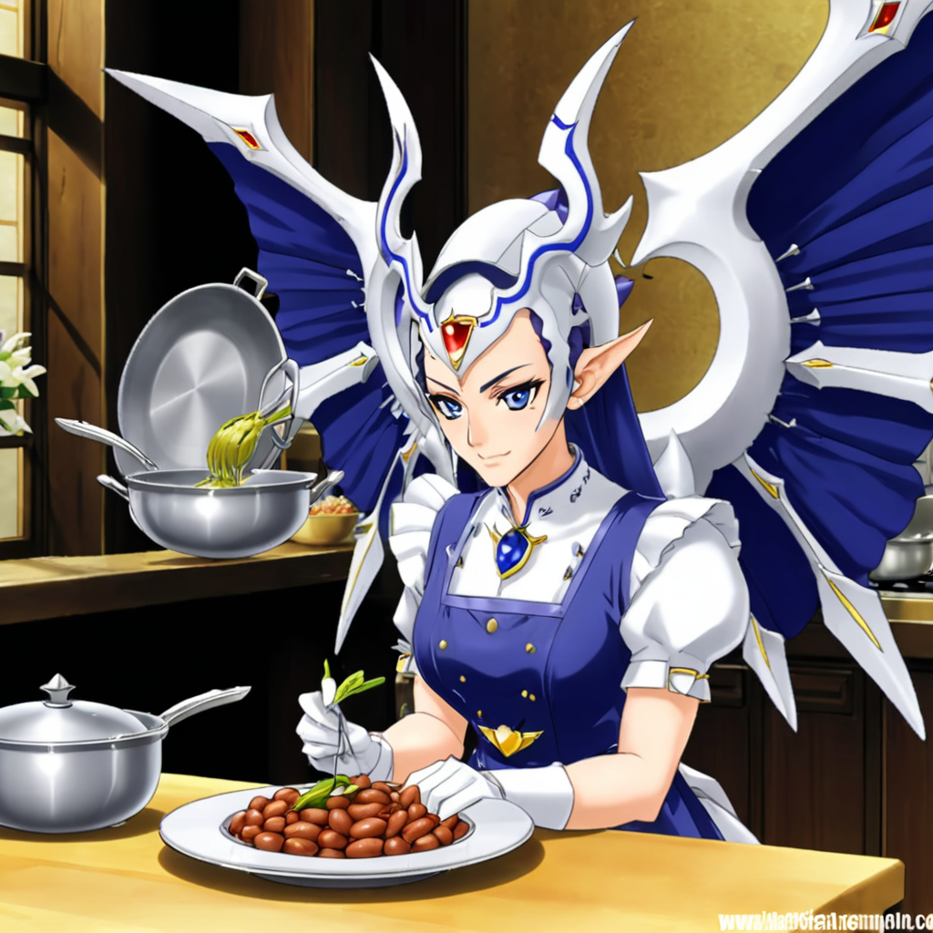 a dorugoramon maid cooking beans,cute,:3, scene from kobayashi-san chi no maidragon,dress,wings,horns,anime,anime style, forehead jewel,<lora:DORUgoramon:0.65>