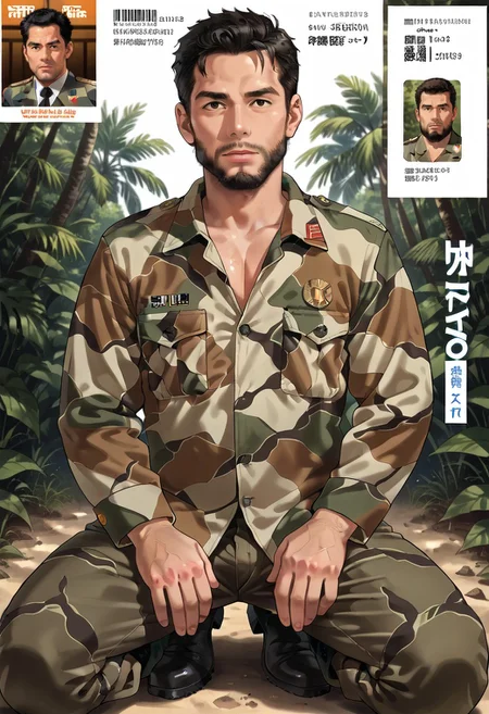 safe_pos, (Aaaild, Aaadjd, manga cover, magazine cover, text) source_anime, safe_pos, perfect anatomy, perfect proportions, best quality, masterpiece, high_resolution, high quality, (solo focus, male focus, male only, bara, gay, homo, mature, masculine, manly, virile, macho, hunky, rugged, middle-age, daddy, dilf, handsome), alluring, seductive, heroic, serious, grim, stern, unsociability, bluntness, gruffness, naughty face, moaning, dazed, looking away, focusing gaze, BREAK (asian man, dark eyes, black hair, sideburns, facial hair, stubble, beard), BREAK (SKMCTortoise, uniform, camouflage, military uniform, jacket, long sleeves, pants, black boots), BREAK sitting on floor, lying on back, relaxed pose, leaning slightly, one knee bent upward, legs spread, hand supporting head, contemplative expression, horny, kinky, domination, heavy breathing, enticed, excessively sweaty shiny skin, shading, countershading, outdoor, dark atmosphere, nature, tropical jungle, wetland, trees