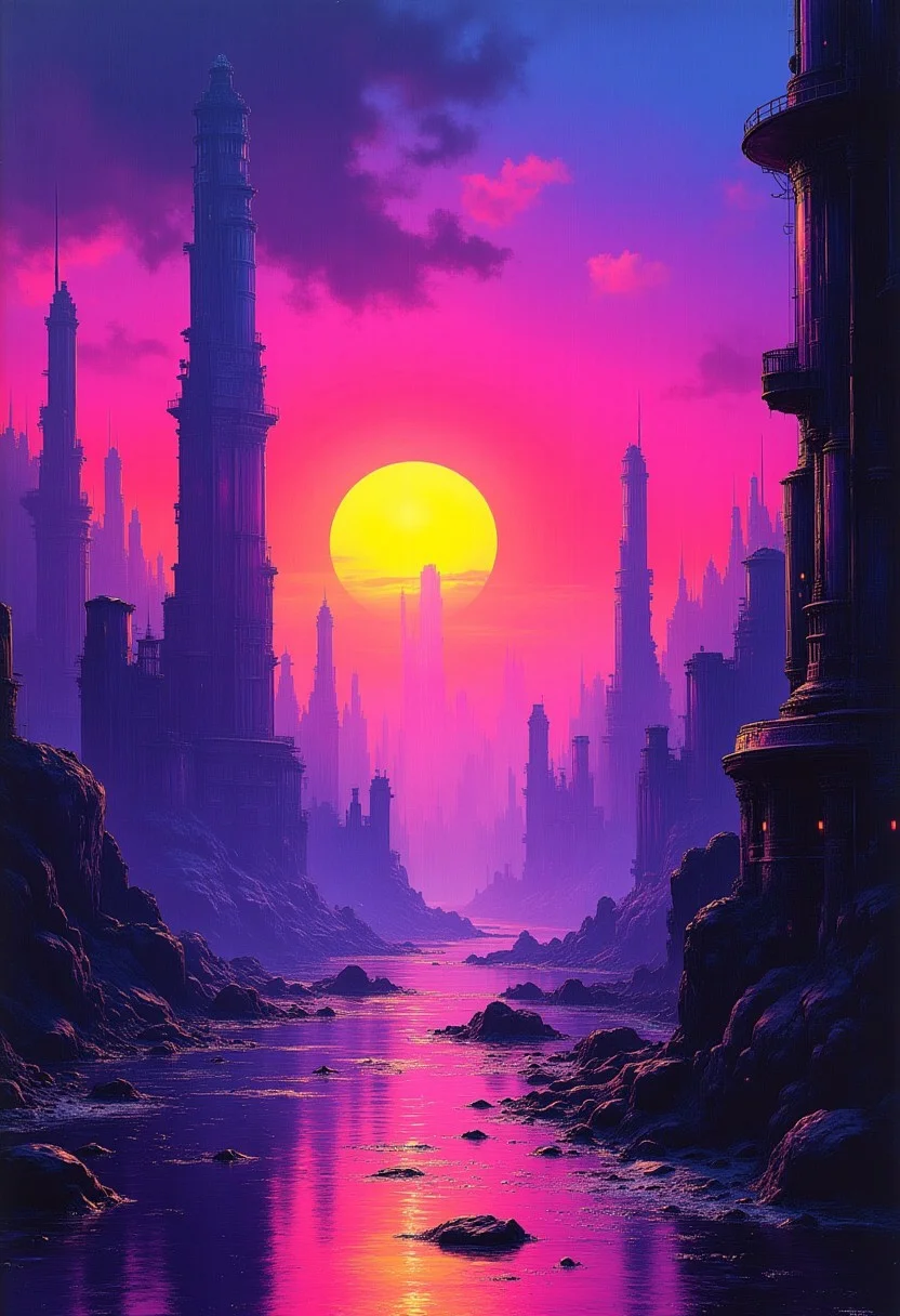 abstract painting, gradient vibrant neon colours, sci-fi towers and skyscrapers in a futuristic alien cityscape