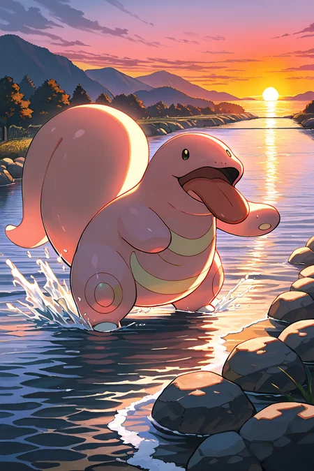 masterpiece, best quality, Lickitung, no humans, pokemon (creature), <lora:LickitungPokedexIXL:1.0>, standing near a river, tongue splashing water, glowing sunset, serene atmosphere, soft and warm lighting, natural setting, vibrant and whimsical