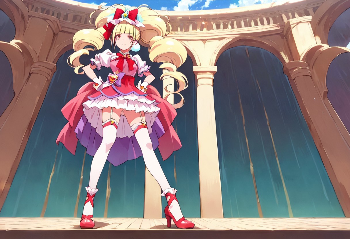 curemacherie, high heels, garter straps, thighhighs, outside,  score_9, score_8_up, score_7_up, ,source_anime, best quality, masterpiece,   , full body view ,collarbone ,  1girl , solo , girl focus , censored, standing, medium breasts,  score_9, score_8_up, score_7_up, ,source_anime, best quality, masterpiece, , garter straps , 1girl , solo , girl focus,, full body view, facing viewer, hands on hips, low angle view, from below,