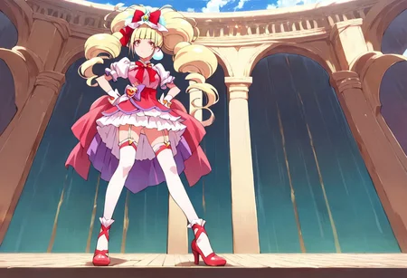 curemacherie, high heels, garter straps, thighhighs, outside,  score_9, score_8_up, score_7_up, ,source_anime, best quality, masterpiece,   , full body view ,collarbone ,  1girl , solo , girl focus , censored, standing, medium breasts,  score_9, score_8_up, score_7_up, ,source_anime, best quality, masterpiece, , garter straps , 1girl , solo , girl focus,, full body view, facing viewer, hands on hips, low angle view, from below,