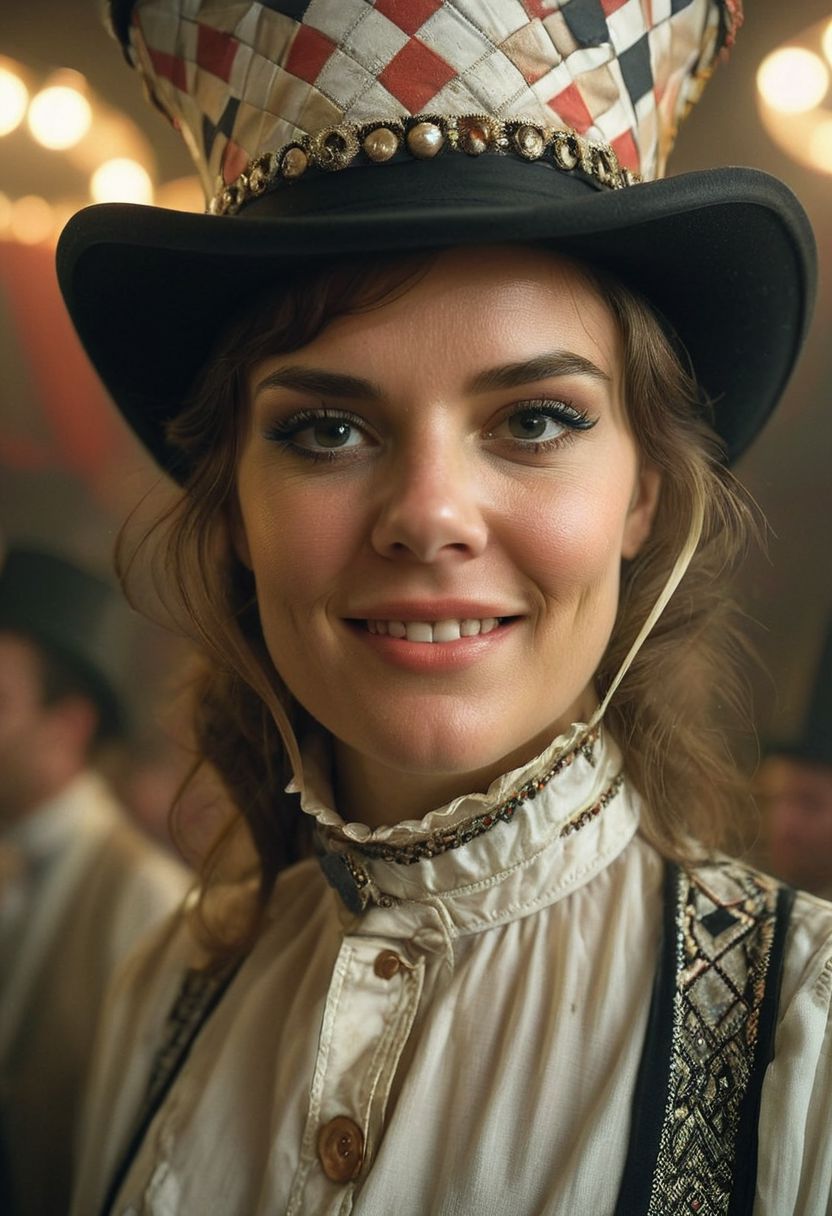 A Clockwork Orange film style, A Closeup Portrait of a blushed slightly light smiling woman in Argyle/caro printed White High collar blouse with black Jesper/top hat, buttons, glass milk, a scene with beige and grey details, baroque, very detailed Iris Made of nano Elements, amazing quality, masterpiece, best quality, hyper detailed, ultra detailed, UHD, perfect anatomy, portrait, dof, hyper-realism, majestic, awesome, inspiring, Capture the essence of vintage circus allure with your lens: A Bedouin ringmaster, adorned in a weathered top hat towering high above, brandishing a cane, and bellowing commands under the spotlight's glow. Let the worn elegance and notorious charm of the old circus industry come to life. cinematic, global illumination, dramatic, very detailed, atmospheric haze, Film grain, cinematic film still, shallow depth of field, highly detailed, high budget, cinemascope, moody, epic, OverallDetail, 2000s vintage RAW photo, photorealistic, candid camera, color graded cinematic, eye catchlights, atmospheric lighting, imperfections, natural, shallow dof