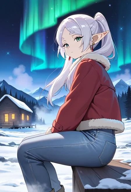 frieren, masterpiece, best quality, amazing quality, 1female, solo, adult, fur trimmed jacket, fog, snow, mountain, denim pants, sitting on deck, cabin, from side, night, forest, looking at viewer, particles, stars, aurora,