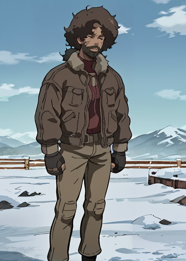 score_9, score_8_up, score_7_up, score_6_up, score_5_up,   megalobox, gearlessjoe, ai01814
snowy peak, white-capped summit, wintry landscape at day,
solo, 
cropped legs, brown hair, bomber jacket, beard
 <lora:Megalobox_ã¡ã¬ã­ãã¯ã¹_Megarobokusu_-_YÅ_Moriyama:1>  <lora:Gearless_Joe_-_PonyXL:1>