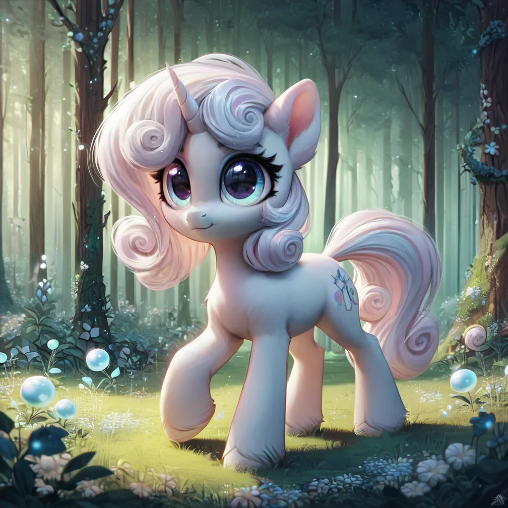 zpdxl2, unicorn, Pearlum, forest, fantastical, whimsical, cute, big eyes <lora:Pearlum_-_Pony:1>