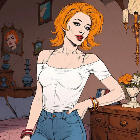 score_9,score_8_up,score_7_up, (masterpiece), best quality, expressive eyes, amazing quality, solo, 1girl, lipstick, jewelry, lips, bracelet, medium breasts, White shirt, Blue jeans,  orange hair, Bedroom,