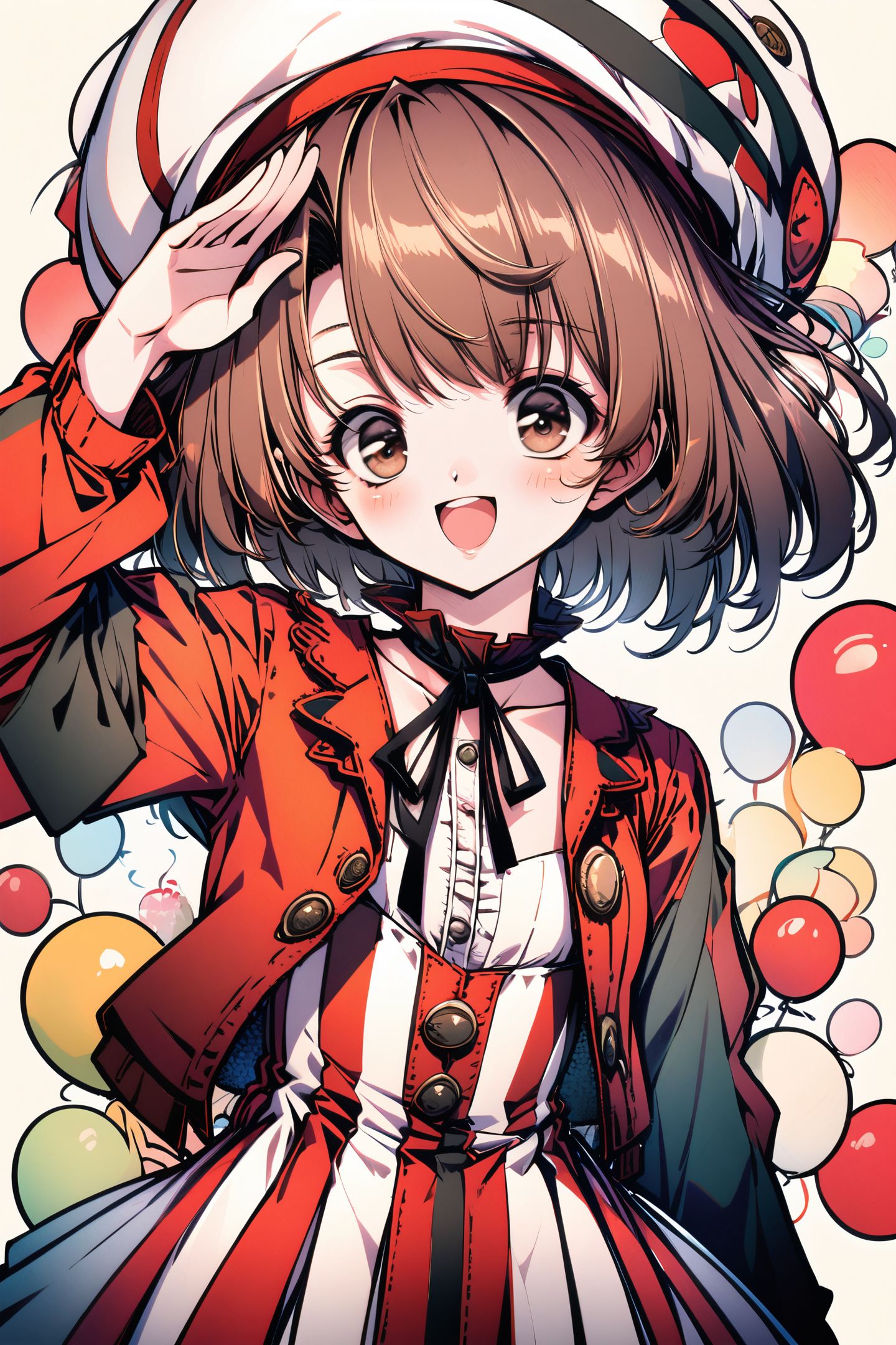 1girl,solo,bangs,brown hair,hat,white headwear,dress,white background,looking at viewer,simple background,brown eyes,open mouth,short hair,ribbon,jacket,red jacket,black ribbon,blush,open clothes,smile,beret,salute,open jacket,arm behind back,collarbone,neck ribbon,long sleeves,:d,upper body,
<lora:Old Fashioned Celluloid_XL:1>,