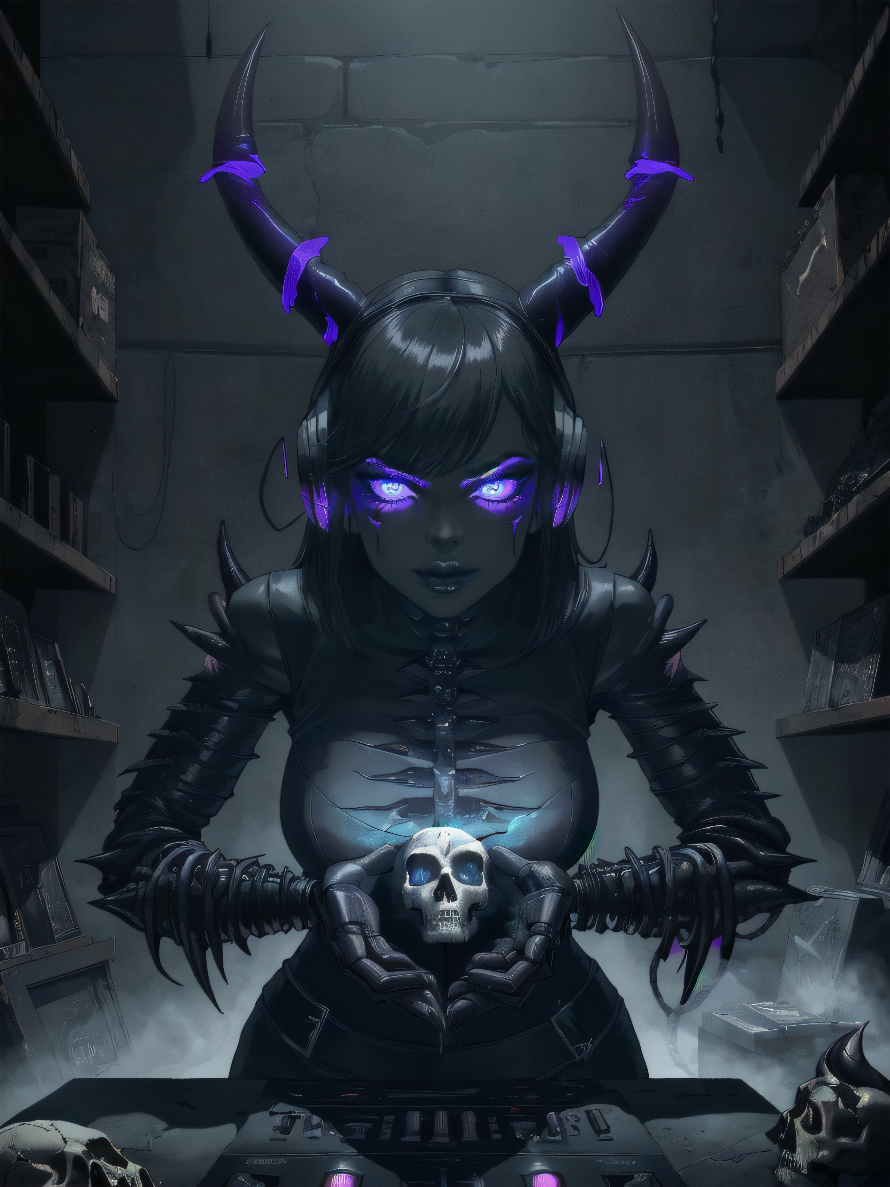<lora:Biomechanicals_v2_lora1500:0.777>
black background, recording studio, dark colors, dark lighting, neon
1girl, dj, necromancer, skull face, headphones, demon horns, pentagram, black metal style, biomechanical
DeepDarkestV1