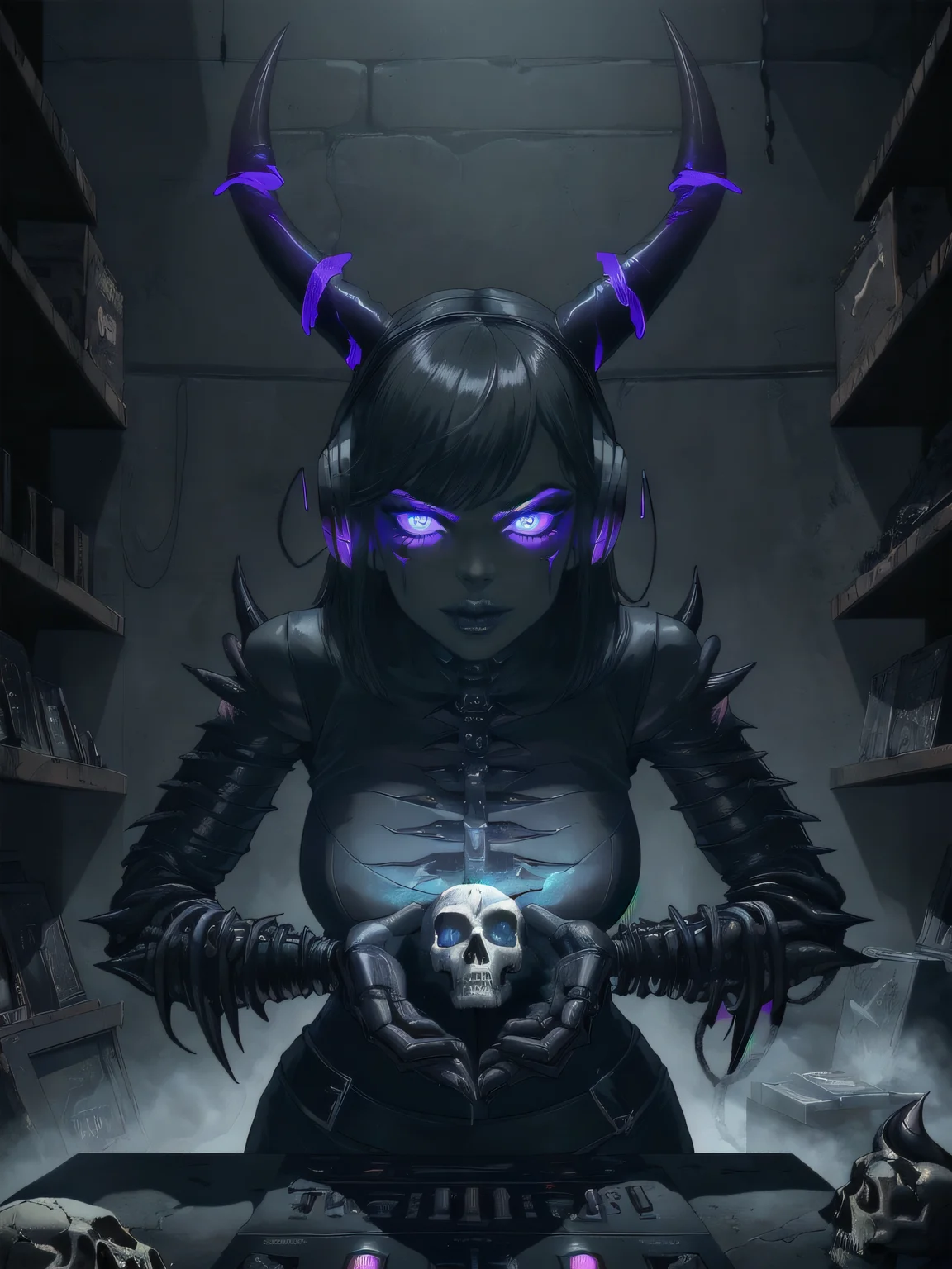 <lora:Biomechanicals_v2_lora1500:0.777>
black background, recording studio, dark colors, dark lighting, neon
1girl, dj, necromancer, skull face, headphones, demon horns, pentagram, black metal style, biomechanical
DeepDarkestV1