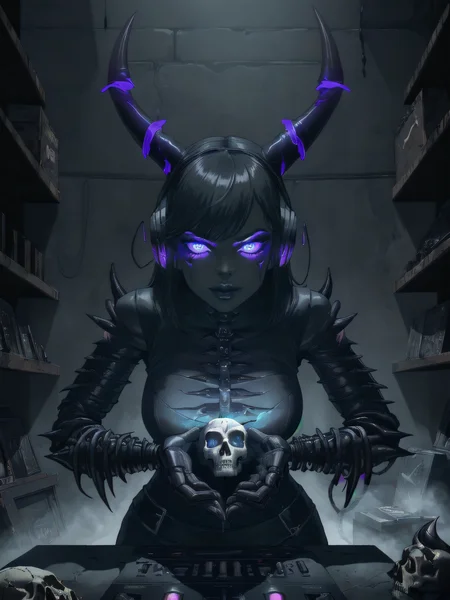 <lora:Biomechanicals_v2_lora1500:0.777>
black background, recording studio, dark colors, dark lighting, neon
1girl, dj, necromancer, skull face, headphones, demon horns, pentagram, black metal style, biomechanical
DeepDarkestV1