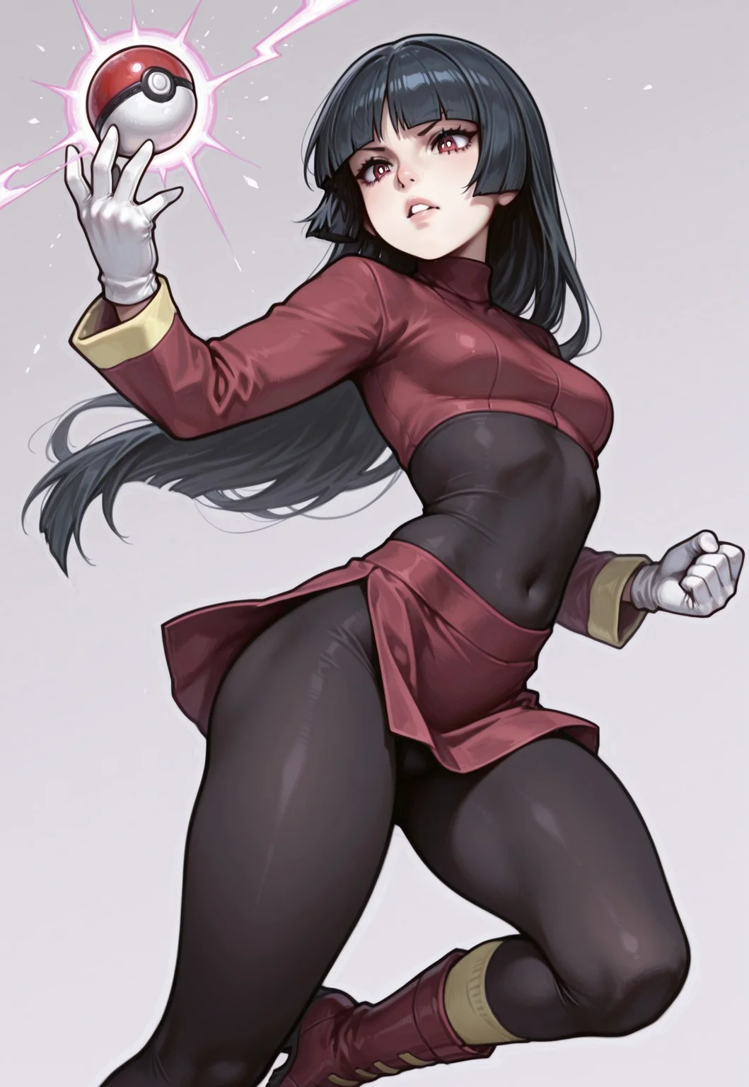 aipd,masterpiece, best quality, 32k, high resolution, absurdres, HD32k, masterpiece, extremely detailed, 1girl, perfectly composed, clear, highres,skindentation, sexy,((dynamic pose,dyanmic angle)),simple background,Sabrina /(pokemon/), black hair, long hair, bangs, blunt bangs, red eyes, hime cut, sidelocks, white pupils, jacket, crop top, bodysuit, covered navel, midriff, red jacket, turtleneck, side slit, gloves, white gloves, long sleeves, pantyhose, skirt, red skirt, boots, red boots, socks, yellow socks, knee socks, mid-action pose, psychically throwing a pokeball, pokeball focus, psychic energy swirling around, glowing aura, levitating objects nearby, intense expression,thick