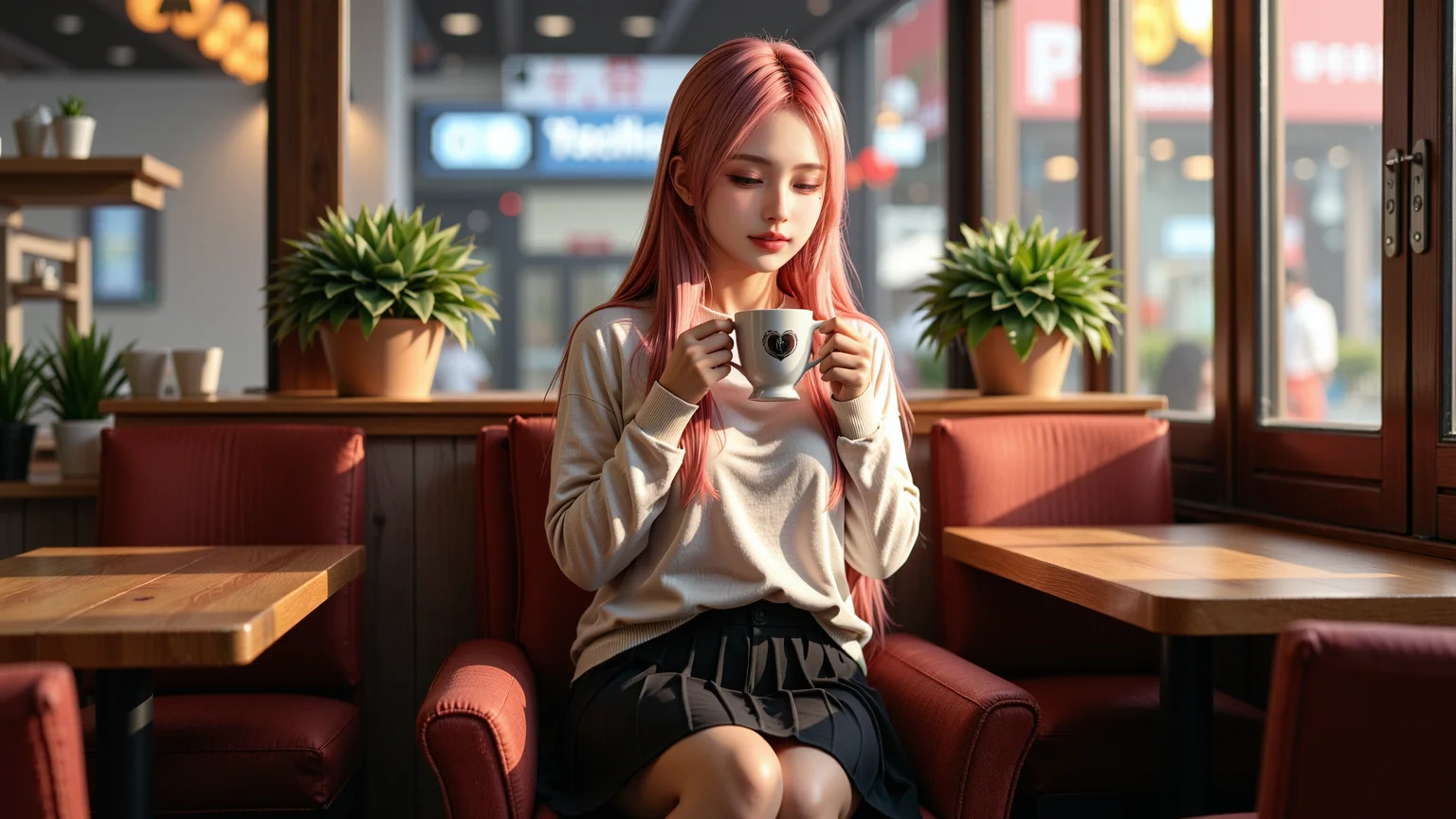 A stylish20-year-old girl with long pink hair and green eyes sits comfortably in a modern café,wearing a cream-colored sweater,a black pleated skirt,and elegant knee-high black boots. Holding a hot cup of coffee,she gently blows on it while smiling softly. The caféâs warm ambient lighting creates a cozy atmosphere,with wooden tables,potted plants,and soft jazz music playing in the background. Large windows reveal the bustling city outside,with neon lights reflecting off the glass. Realistic photography style,cinematic lighting,soft-focus background,warm and cool tone contrast.,
<lora:yuukananri-base-02-flux:0.8>,yuukananri,she has a slender physique and a petite build,