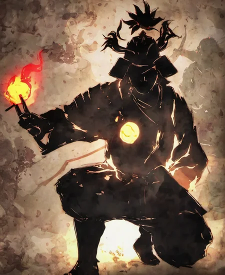 niohstorytell, silhouette of a samurai warrior casting a glowing spell,<lora:niohstorytelling-step00000400:1>