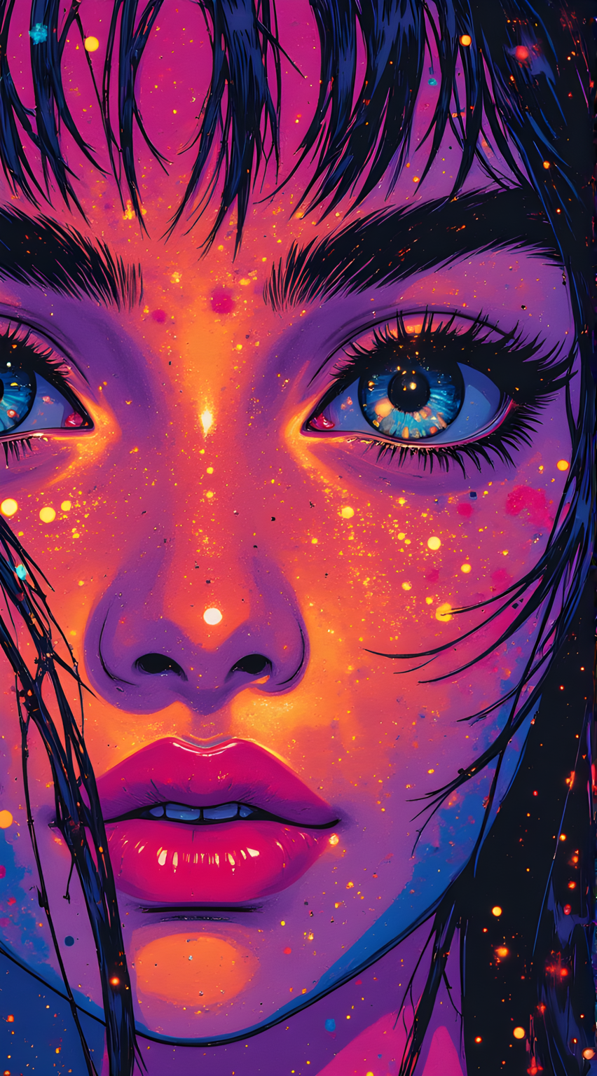 The canvas blazes with a kaleidoscope of colors, vibrant and alive as if painted by the very stars themselves. A face emerges from the chaos, not human in the conventional sense but something moreâa being born of light and shadow, its features both familiar and alien. The eyes are the first to command attention, twin pools of electric blue that seem to pulse with an inner fire, reflecting galaxies within their depths. Each iris is a miniature universe, swirling with hues of indigo and cerulean, as though they have seen worlds beyond our comprehension.
The skin glows with an otherworldly luminescence, bathed in shades of orange and pink that ripple like molten lava across the surface. Tiny specks of gold and silver dot the cheeks and forehead, resembling stardust caught in time, lending an ethereal quality to the visage. These particles shimmer faintly, as if alive, dancing on the skin like tiny constellations brought to life. 
The lips are full and vivid, painted in a bold shade of magenta that contrasts sharply against the fiery backdrop. They part slightly, revealing a hint of teeth beneath, sharp and white, almost too perfect to be real. Around them, delicate streaks of neon blue trace the contours of the face, like veins of electricity coursing through flesh, adding an edge of danger to the otherwise serene expression.
The hair cascades down in dark waves, each strand outlined in stark black, creating a dramatic contrast against the radiant glow of the face. It falls partially over one eye, casting a shadow that deepens the mystery, as if this being is both inviting and withholding secrets at once. 
Above the brow, hints of cosmic splendor peek throughâdots of crimson and amber float like distant supernovae, blending seamlessly into the background. The entire composition feels alive, pulsating with energy, as though it were a portal between dimensions, where reality bends and folds under the weight of its own brilliance. This is no ordinary portrait; it is a window into another realm, where beauty and power intertwine, and every brushstroke tells a story of infinite possibility., <lora:FLUX\jul\J_Anime:0.7>, <lora:FLUX\RealAnime:0.7>