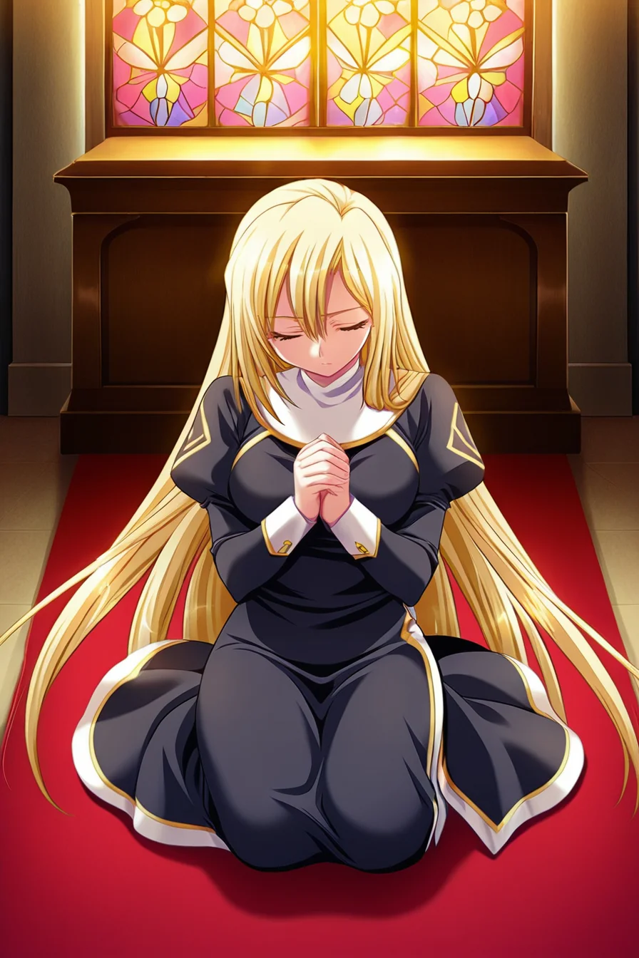 masterpiece, best quality, game cg,highly_detailed,extremely_detailed_CG_unity_8k_wallpaper,illustration,dynamic pose,highres,absurdres, <lora:Tita_Luvens-IL:1>NunTita,blonde hair,very long hair,bangs,white collar,long sleeves,puffy sleeves,black dress,white cuffs,sideless skirt,kneeling,praying,looking down,closed eyes,,head tilt,chruch,altar,red carpet,stained glass,full body,from above,cowboy shot,from front,dudk,evening light