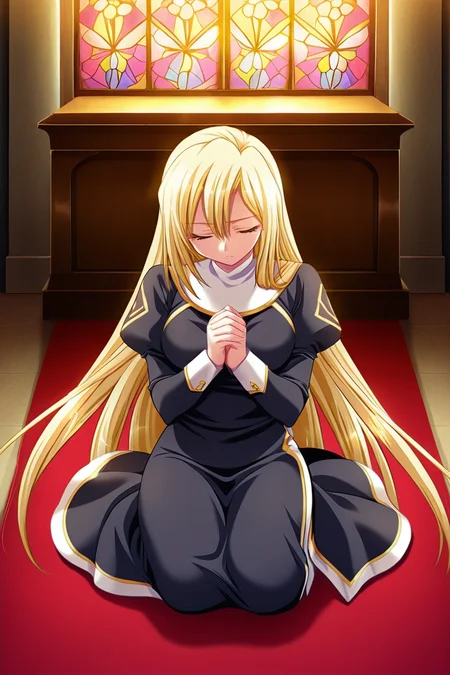 masterpiece, best quality, game cg,highly_detailed,extremely_detailed_CG_unity_8k_wallpaper,illustration,dynamic pose,highres,absurdres, <lora:Tita_Luvens-IL:1>NunTita,blonde hair,very long hair,bangs,white collar,long sleeves,puffy sleeves,black dress,white cuffs,sideless skirt,kneeling,praying,looking down,closed eyes,,head tilt,chruch,altar,red carpet,stained glass,full body,from above,cowboy shot,from front,dudk,evening light
