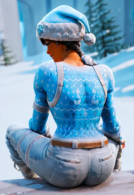 IllustriousQual <lora:StS-Illustrious-Detail-Slider-v1.0:2> <lora:cfg_scale_boost:0.3> detailed_background, airfield <lora:Frozen_Nog_Ops_IL:1> FrozenNogOpsIL, dark skin, dark-skinned female, black hair, grey ponytail, braided hair, brown eyes, blue eyeshadow, blue lipstick, christmas, blue hat, santa hat, blue snowflake, festive sweater, blue sweater, grey gloves, fingerless gloves, utility belt, combat boots, denim pants, blue accents, winter outfit, holiday theme, snowflake pattern, Sitting with legs outstretched, hands on ankles, from behind, anticipation