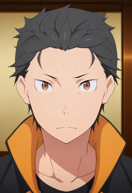 masterpiece, best quality, , anime screencap, anime coloring, official style, looking at viewer, 1boy, solo, male focus, <lora:subaru_natsuki_ilxl:0.96>, subaru_natsuki, black hair, brown eyes, short hair, natsuki subaru, hair slicked back, , ,
