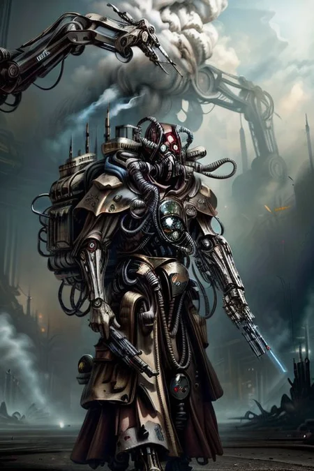 ((masterpiece,best quality)), absurdres, BREAK
mechanical arms, robes, hood, BREAK
((techpriest)), cyborg, mechanical face, mechanical limbs, gas mask, mechanical tentacles, (mechanical backpack), BREAK
1other, solo, holding pistol, firearm, handgun, pistol, gun, BREAK
factory background, smoggy sky, air pollution, smokestacks, BREAK
(NightmarishAI),