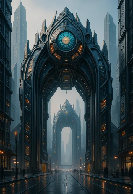 , A futuristic city with a futuristic gate and a futuristic building