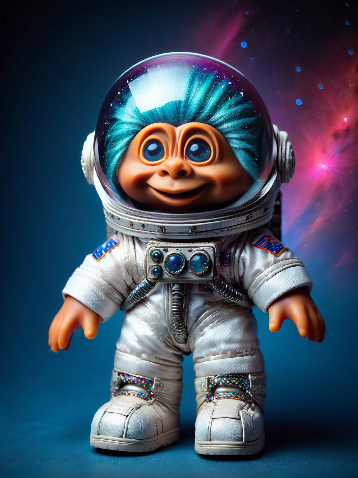ais-trollz astronaut, eyes wide in childlike wonder, in a shimmering space suit with intricate, high-tech boots visible, helmet reflecting the vibrant colors of a nearby nebula in deep space. Surrounded by distant stars and galaxies, their face a canvas of cosmic awe <lora:Trollz_2:1>