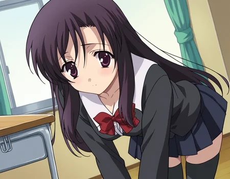 score_9, score_8_up, score_7_up, source_anime,
kotonohakatsura, <lora:kotonoha-katsura-ponyxl-lora-nochekaiser:1>,
kotonoha katsura, purple eyes, black hair, long hair,
black thighhighs, bow, red bow, school uniform, skirt, thighhighs, zettai ryouiki,
indoors, classroom, bent over,
looking at viewer, cowboy shot,