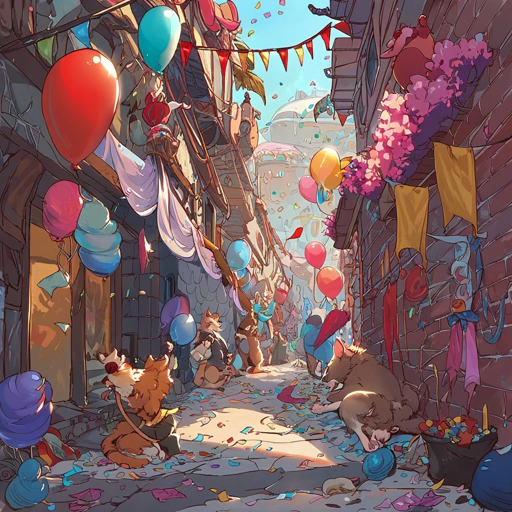 score_9, score_8_up, score_7_up, fluffy_new_year, multiple rats wearing various party hats, new years eve party, balloons, confetti, alley background