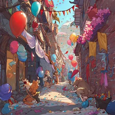 score_9, score_8_up, score_7_up, fluffy_new_year, multiple rats wearing various party hats, new years eve party, balloons, confetti, alley background