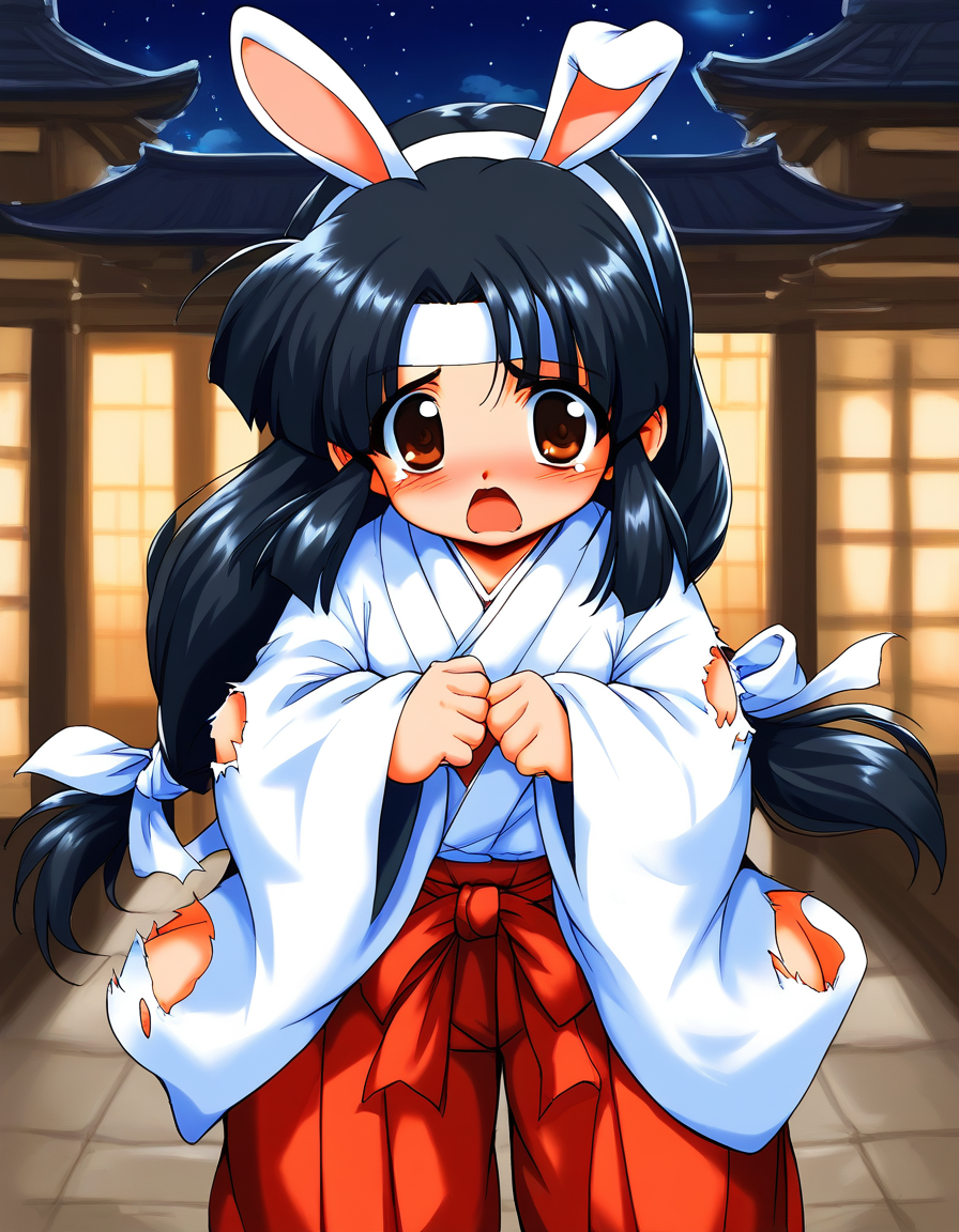 score_9, score_8_up, score_7_up, source_anime, rating_explicit, BREAK  <lora:Sayo-chan_TsukiyoSoushi_XL:0.9> Sayo-chan_TsukiyoSoushi, long hair, black hair, white headband, brown eyes, low-tied long hair, parted bangs, short stack,
japanese clothes, solo, ofuda, open mouth, red hakama, hakama,  wide sleeves, skirt, long sleeves, 
torn clothes, animal ears, rabbit ears
looking at viewer, sad, blush,
night moon,