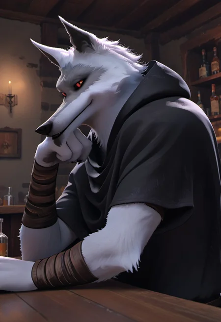 score_9_up, score_8_up, score_7_up, masterpiece, best quality, amazing quality, very aesthetic, absurdres, newest,  high quality, detailed, male, solo male, DeathWolf, 1boy, mature male, male, athletic build, anthro, wolf, white fur, animal ears, red eyes, black sclera, black cloak, bandages on arms, looking at viewer, grinning, indoors, bar (place), side view, half body