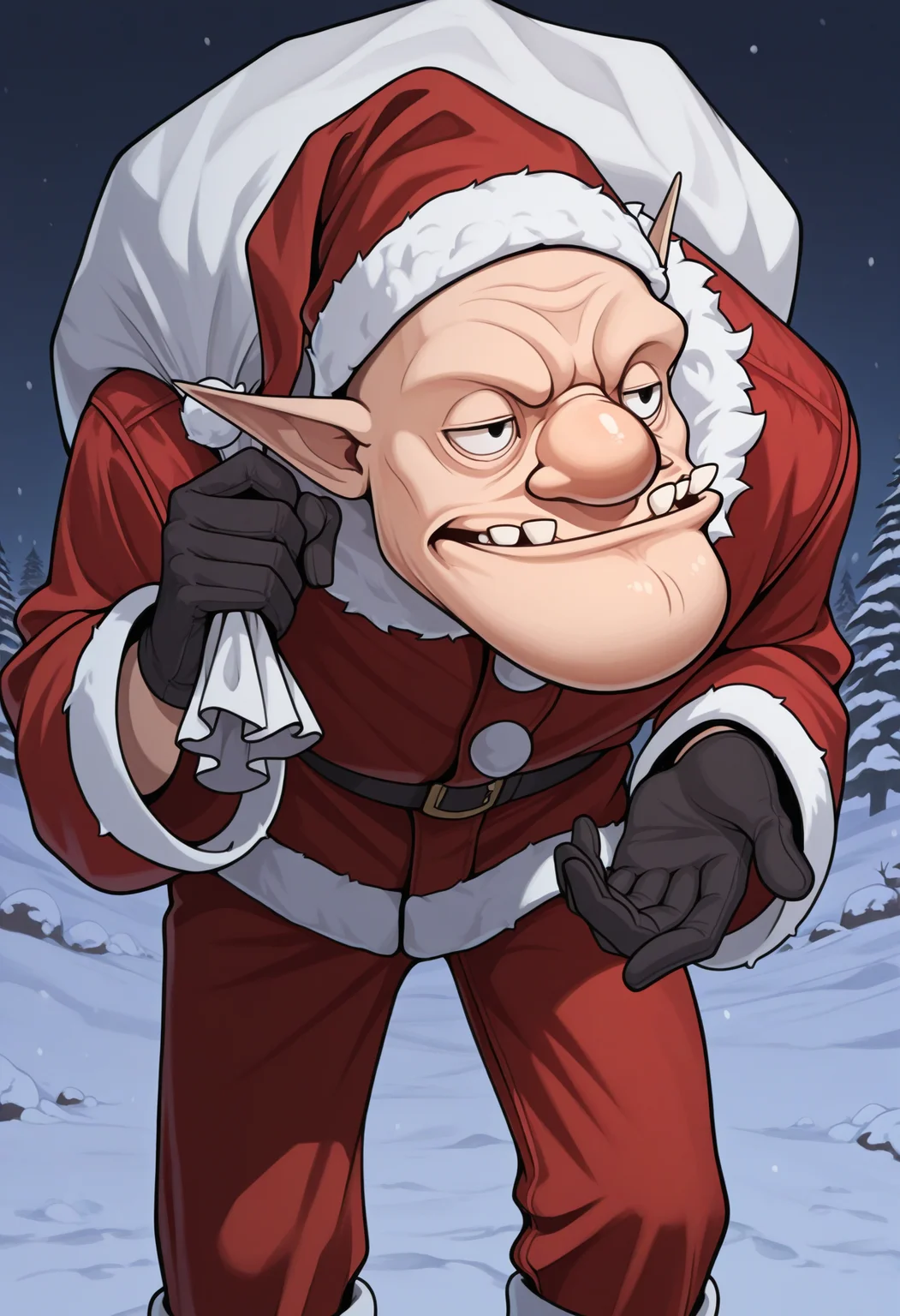 masterpiece, best quality, 1boy, standing, holding sack, over shoulder, santa costume, black gloves, fur trim, santa hat, dampe, (bald:0.7), big nose, pointy ears, black eyes, teeth, hunched over, snow, night, outdoors <lora:DampeLoZ-illu-000013:0.9>