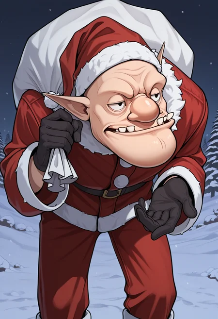 masterpiece, best quality, 1boy, standing, holding sack, over shoulder, santa costume, black gloves, fur trim, santa hat, dampe, (bald:0.7), big nose, pointy ears, black eyes, teeth, hunched over, snow, night, outdoors <lora:DampeLoZ-illu-000013:0.9>