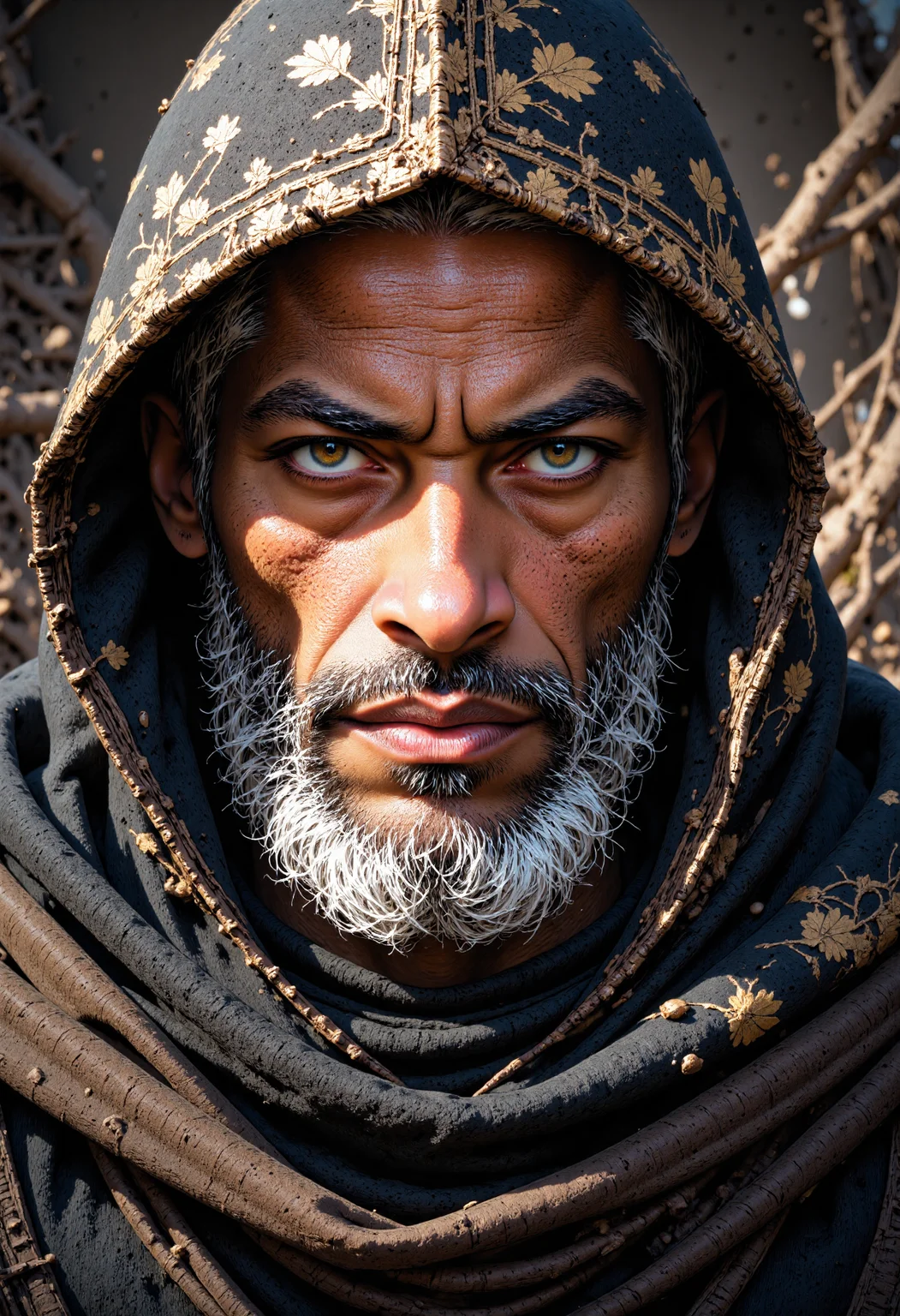 This captivating close-up portrait reveals the weathered visage of an elderly man, his piercing green eyes fixed intently on the viewer. The subject's face is a topographic map of deep lines and creases, etched into his skin like the pages of a well-worn book. A thick, silver-gray beard cascades down his chest, its wispy tendrils framing his stern expression. A hooded cloak, intricately patterned with black and white florid motifs, envelops his head, its golden trim glinting in the soft, diffused light. The subject's eyes seem to bore into the soul, their intensity heightened by the faint creases etched into his brow. A hint of a scowl plays on his lips, as if he's about to utter a stern rebuke. The overall effect is one of quiet authority, the subject's rugged, weathered features commanding respect. The image is shot from a low angle, the camera positioned to accentuate the subject's imposing presence. The lighting is soft and diffused, with a subtle golden glow that adds a sense of depth and warmth to the scene. The style is reminiscent of Renaissance portraiture, with a focus on capturing the subject's inner character.<lora:CustomFlux/MysticComic.safetensors:1.0:1.0>