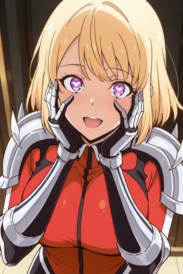 PonyScores, Expressiveh, (score_9, score_8_up, score_8, ASCII score_9), Rating 9, Rating 8, Rating 7, Dynamic Angle, Dynamic Composition, 1girl, solo, (cha hae-in), (solo leveling), source_anime, short blonde hair, purple eyes, high ponytail, ponytail, short ponytail, parted lips, short hair, red uniform, armor, shoulder armor, epaulettes, intense gaze, focused, standing, composed posture, portrait, indoor background, dramatic lighting, armor highlight, looking at viewer, upper body, gauntlets, pauldrons, 32k, (beautiful atmosphere), (sharped face, beauty makeup), (beautiful skin, beautiful face), (perfect anatomy), (beautiful detailed face, beautiful oval face), (sharp out line), perfect hands, seductive smile, (iper detailde eyes), (ultra detail eyes), (beautiful eyes), detailed backgrounds, (detailed eyes), (perfect eyes), extremely detailed CG, extremely detailed face, detailed Lora, focused subject, <lora:Cha Hae in ApexAiXLillus-10:1>, masterpiece, best quality, amazing quality, mature female, breasts, anime screencap, yandere trance, yandere, hands on own cheeks, hands on own face, crazy eyes, crazy smile, crazy, heart-shaped pupils, glowing eyes, symbol-shaped pupils, hand on own face, open mouth, glowing, blush, looking at viewer,,