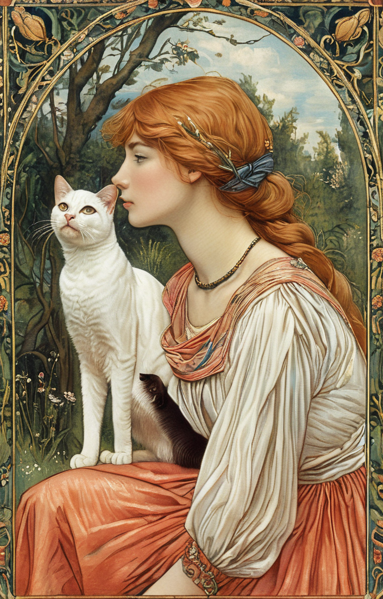 masterpiece,best quality,<lora:tbh132-sdxl:0.8>,portrait of cat,illustration,style of Walter Crane,