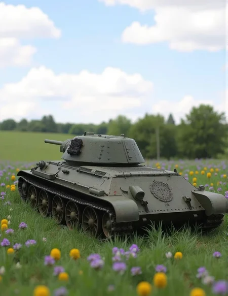 reastic drawing of battle field,,,This is the Soviet tank of WWII, the T34-76. The hull length is 6.10 m, the overall width is 3.00 m, and the overall height is 2.72 m.from above.from back.turret hatch is closed.A tank parked in the grass, flowers.<lora:t341942:0.8>t341942