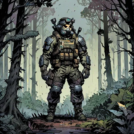 high-definition 8k comics artwork in dgst art style of an special forces soldier wearing tactical armor standing in a thick forest with fog, full body.