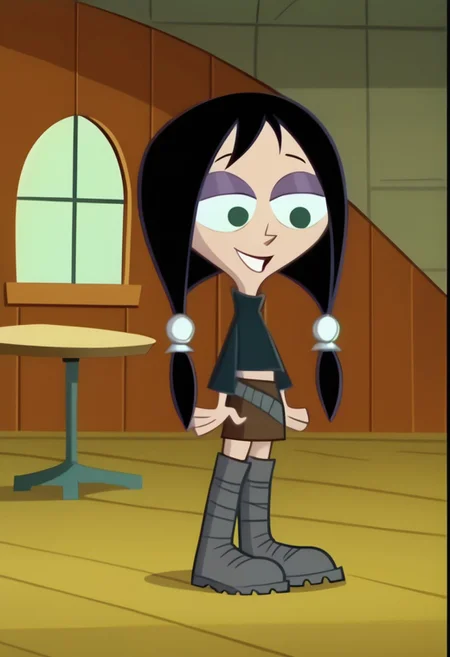 score_9, score_8_up, score_7_up BREAK MansonM, 1girl, black hair, dark green eyes, purple eyeshadow, white scrunchies, pigtails, dark blue sweater, metal belt, brown skirt, gray boots, closed smile, relaxed, dark creepy mansion indoors, scary house background, screenshot, official art, parody, cartoon footage, official design, screencap, cartoon screenshot, official screenshot, 2d, cartoon, source_cartoon, full body,