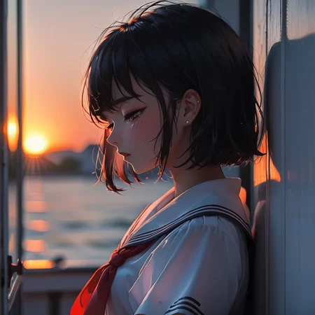 masterpiece,detail,high resolution,smooth lines,shadow detail,
,LowKeyLights_v2, 1girl,solo,blush,short hair,bangs,shirt,black hair,jewelry,closed mouth,school uniform,closed eyes,white shirt,upper body,short sleeves,earrings,serafuku,tears,sailor collar,blurry,from side,lips,neckerchief,window,profile,depth of field,blurry background,crying,red neckerchief,backlighting,sunset,evening
 ,<lora:low-key_lights_v2_xl:0.8>,