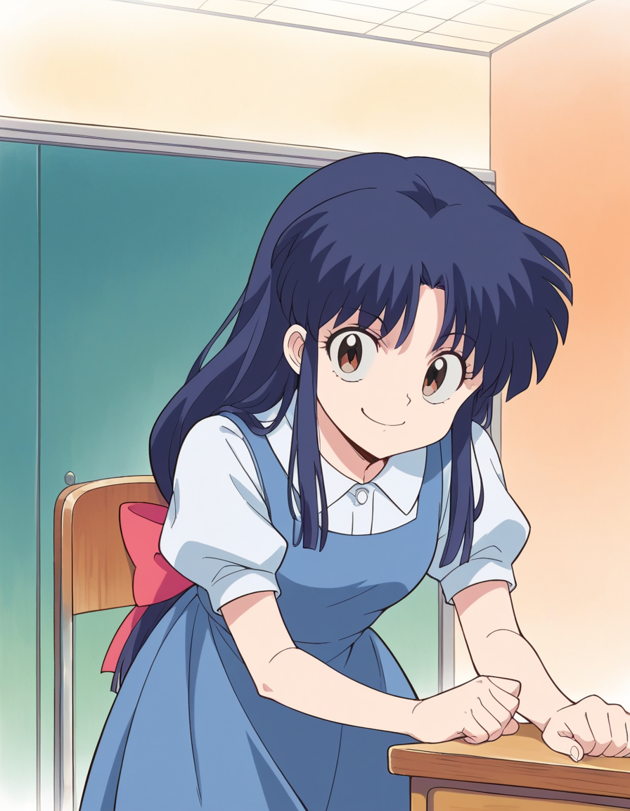 score_9, score_8_up, score_7_up, source_anime, <lora:akane-tendou-leak-ponyxl-lora-nochekaiser:1>, akane tendo, long hair, black hair, brown eyes, blue hair, sidelocks,, school uniform, pinafore dress, short sleeves, collared shirt, puffy sleeves, blue dress,, indoors, bent over, smile, smug, looking at viewer, solo,, cowboy shot, dutch angle