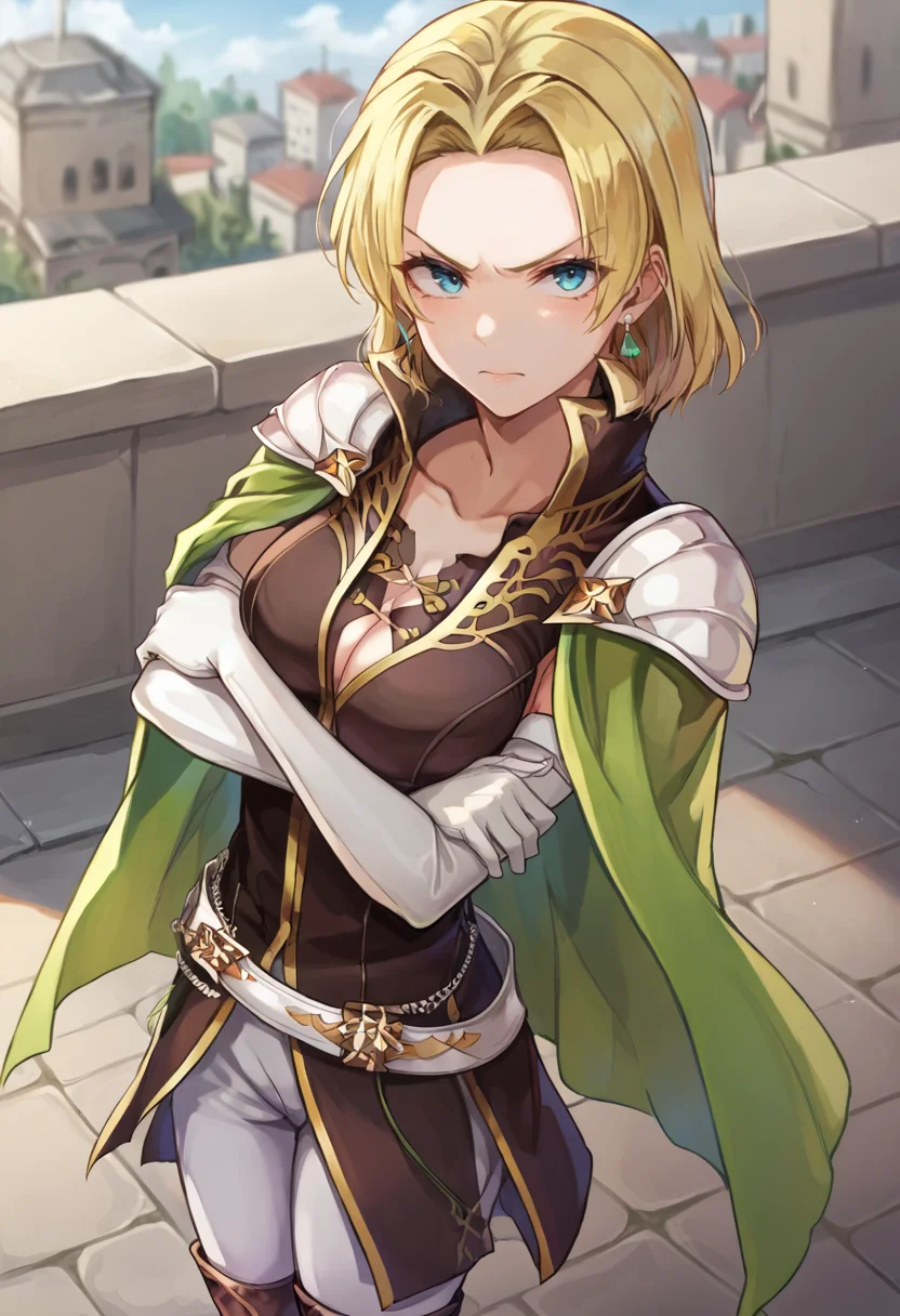 score_9, score_8_up, score_7_up, masterpiece, source_anime, 1girl, ct_lena, blonde hair, medium hair, medium breasts, blue eyes, green earrings, brown sleeveless shirt, green cape, shoulder armor, cleavage, elbow gloves, white belt, white pants, brown thigh boots, outdoors, city, depth of field, from above, foreshortening, looking at viewer, v-shaped eyebrows, crossed arms, facing viewer, <lora:Selena_Pony_ct_ver3:1>