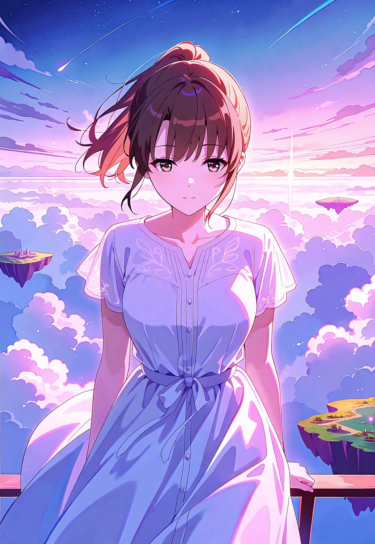 safe_pos, 1girl,Megumi <lora:IL-KatoMegumi:0.8>,brown hair,katou megumi,brown eyes,medium breasts,ponytail, short hair, 

dreamscape theme, floating island, surreal sky, flowing white gown, stars scattered in the sky, soft smile, pastel tones, soft lighting, dreamy and otherworldly atmosphere, soft clouds in the background, peaceful and serene vibe, wide-angle shot, magical, infinite perspective,

masterpiece,best quality,high quality,good quality,newest,((detailed eyes))