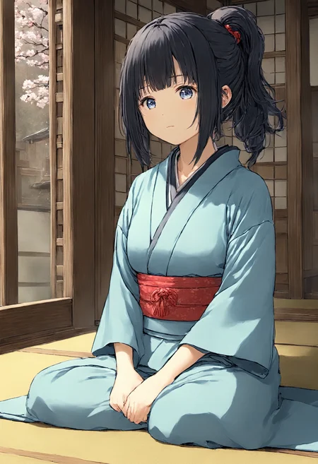 masterpiece, best quality, 4k, 8k, 1girl, (kunoichi:1.1), medium breasts, black hair, medium hair, ponytail, blue eyes, facing viewer, (kimono:1.1-5), (seiza:1.1), japanese house, <lora:naughty_to_nice_XL_v1.0:-5>