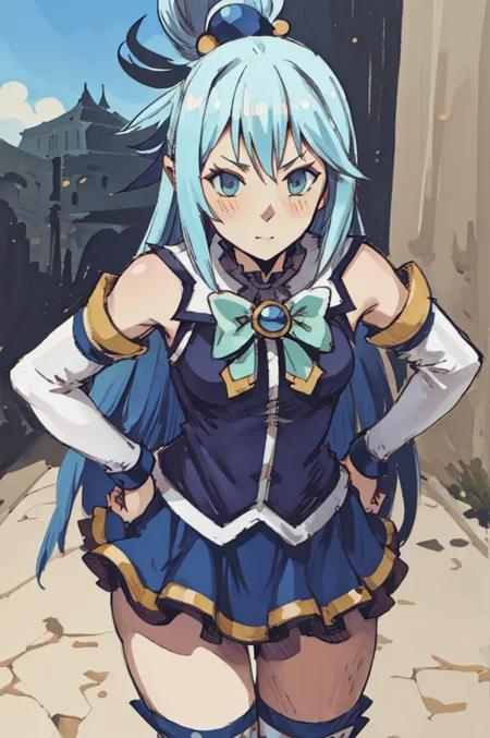 Aqua(/Konosuba)/,(ultra HD quality details), pale skin, blue eyes, blue hair, long hair, hair ornament, hair rings, single hair ring, blue footwear, blue hair, blue thighhighs, boots, detached sleeves, thigh boots, thighhighs, white thighhighs, thighhighs, bare shoulders, blue skirt, blue shirt, green bow, hands on hip, legs aside, leaning forward, angry face, Bravely Default Style, <lora:pony\char\anime\Aqua (Konosuba) - XL Pony V2.0.safetensors>, <lora:styles\BravelyDefault.safetensors>, <lora:char\anime\aqua_konosuba-000035.safetensors>, <checkpoint:[Pony] prefectPonyXL_v10.safetensors>